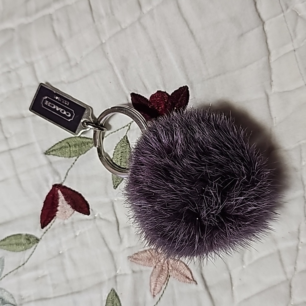 Vintage Coach Purple Aubergine Mink RARE Fuzzy Pom Pom/Ball Keychain/Fob